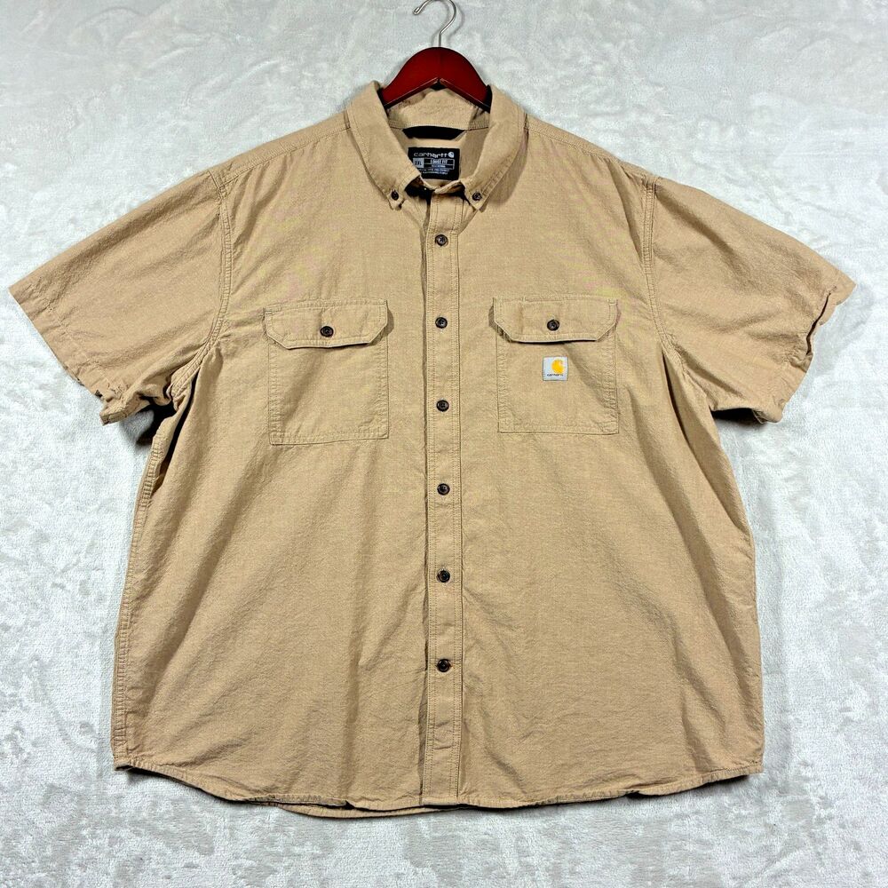 Carhartt Fort Loose SS Shirt 2XL TW4369 Dark Tan Chambray Button Up Work Shirt